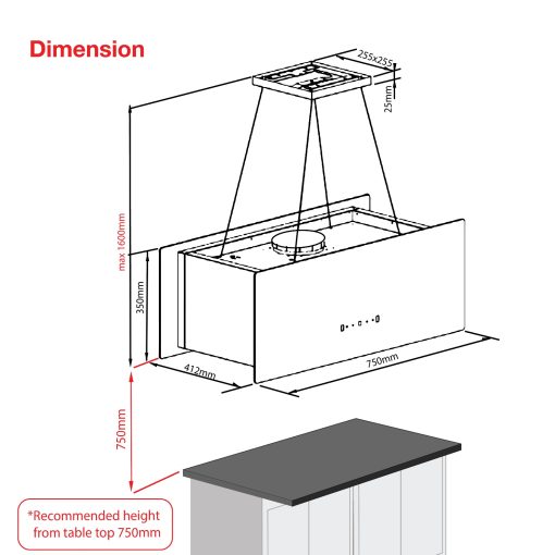 SENZ SERENO Black Glass Designer Island Hood 750mm with Remote Control - Image 4