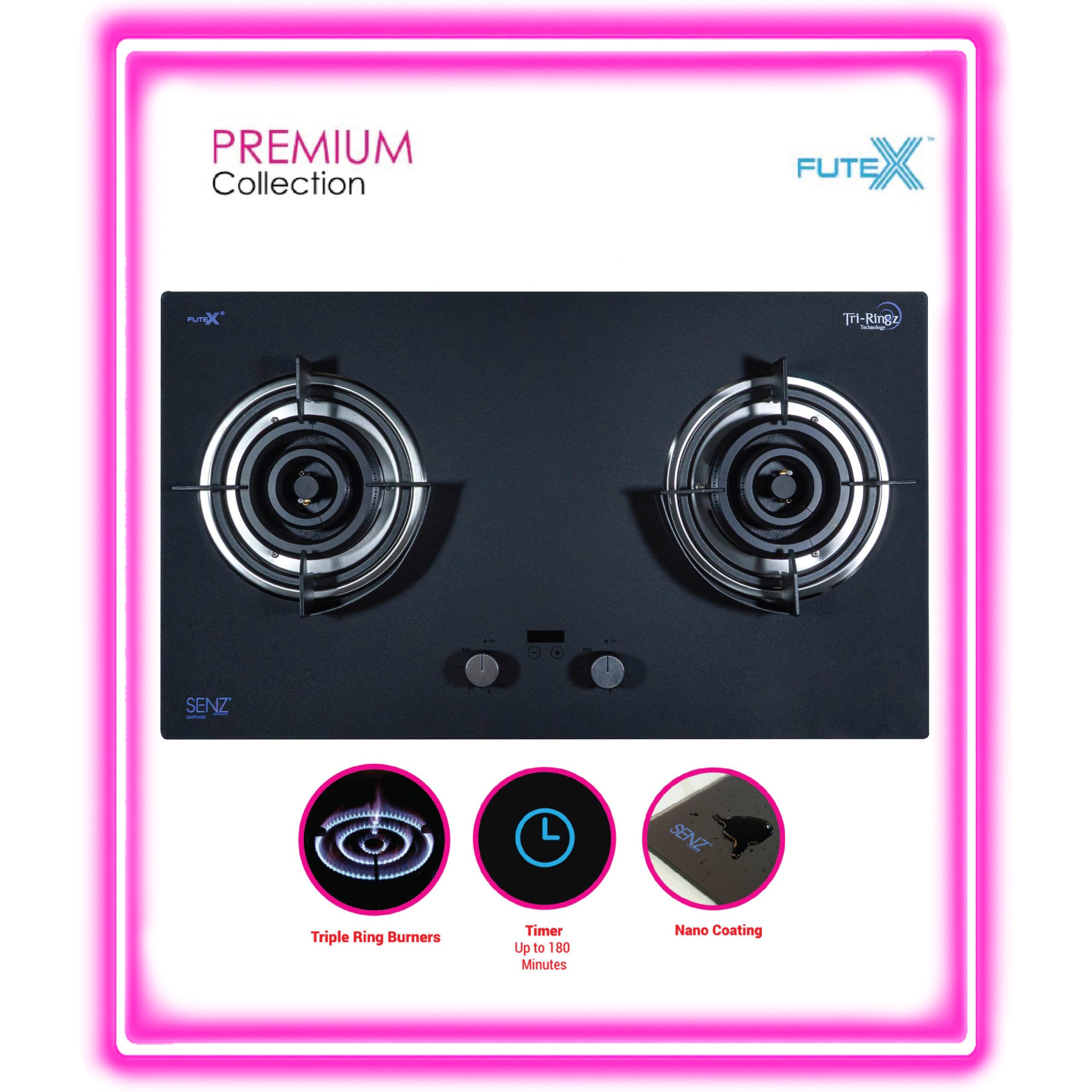 SENZ SAPPHIRE Tri-Ringz Twin Burner Gas Stove with Timer